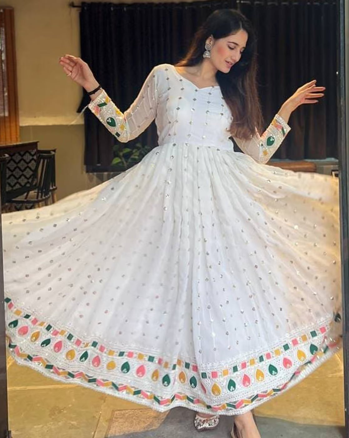 White Mirror Work Anarkali Gown with Colorful Border