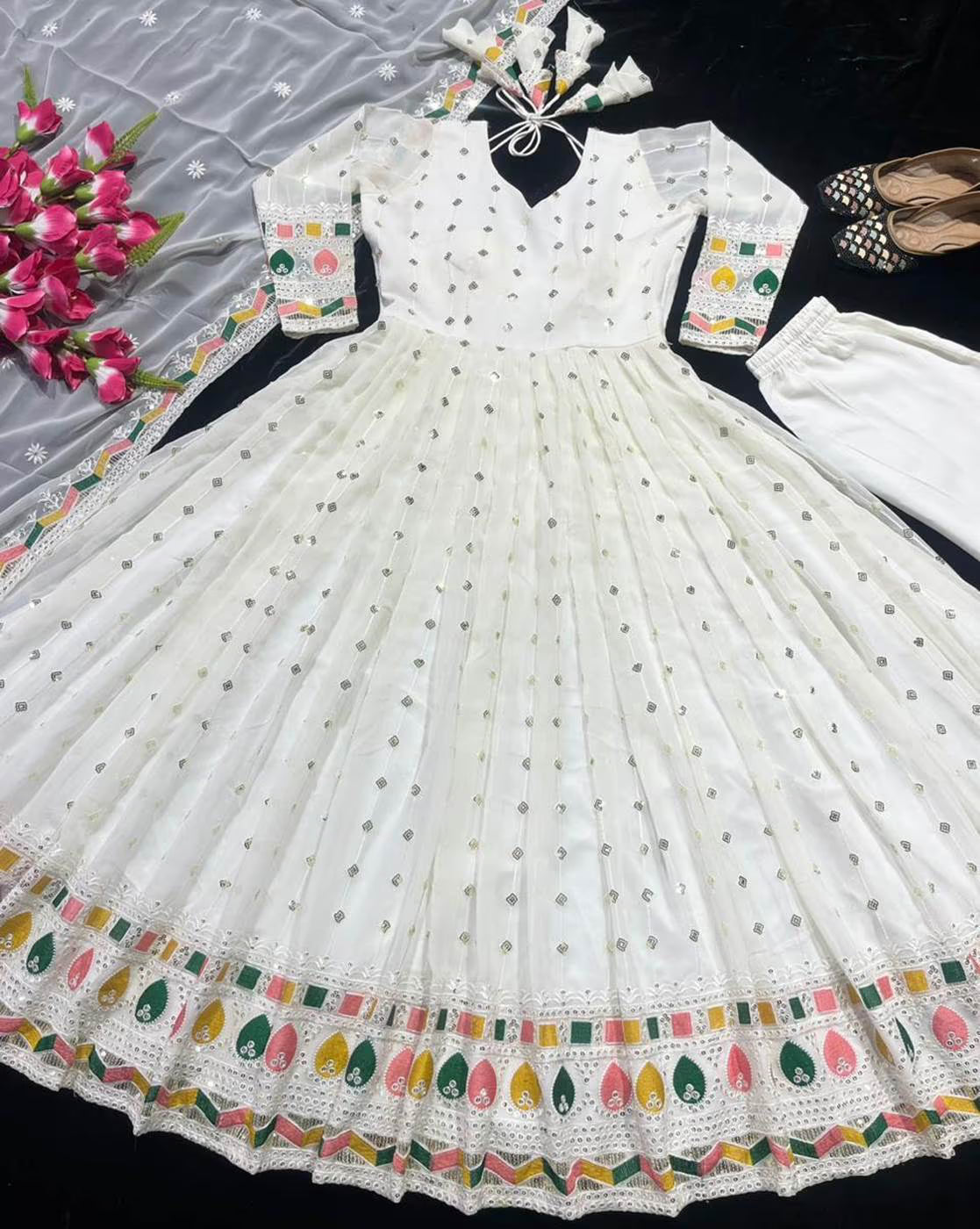 White Mirror Work Anarkali Gown with Colorful Border