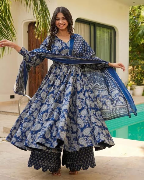 Blue Printed Anarkali Kurta Set with Palazzo/Pants and Dupatta