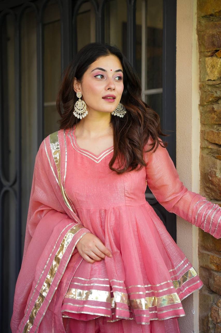 Organza/Chanderi Pink Short Anarkali with Gota Patti Skirt