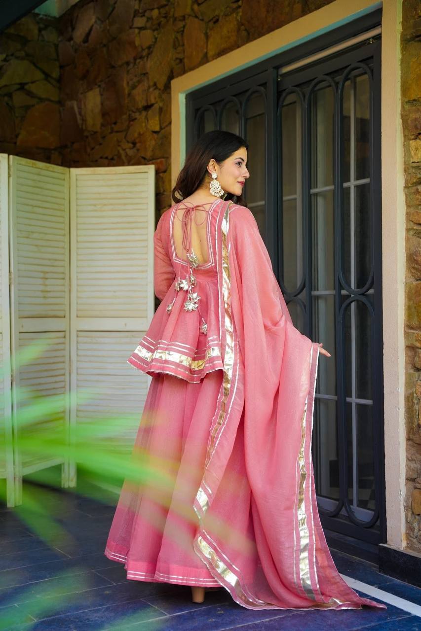 Organza/Chanderi Pink Short Anarkali with Gota Patti Skirt