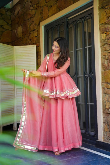 Organza/Chanderi Pink Short Anarkali with Gota Patti Skirt
