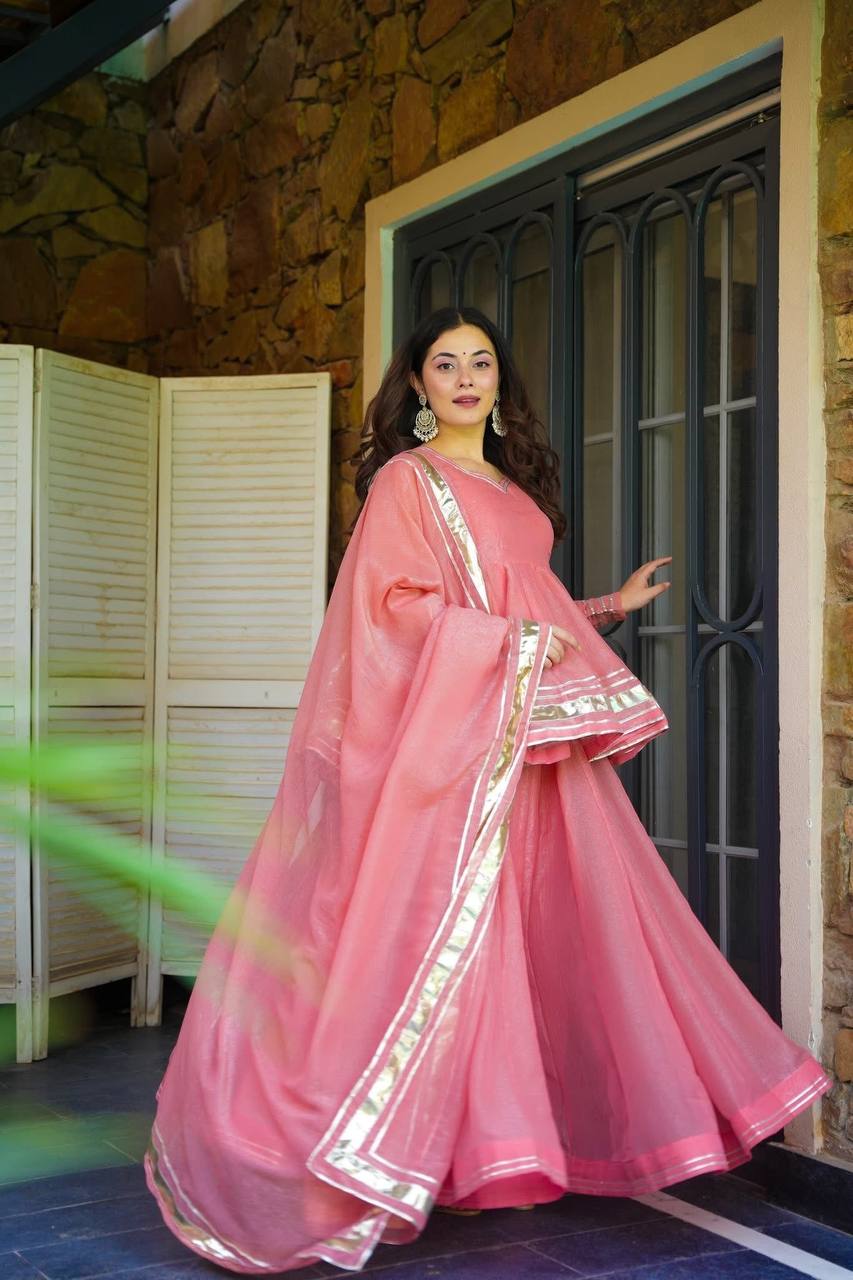 Organza/Chanderi Pink Short Anarkali with Gota Patti Skirt
