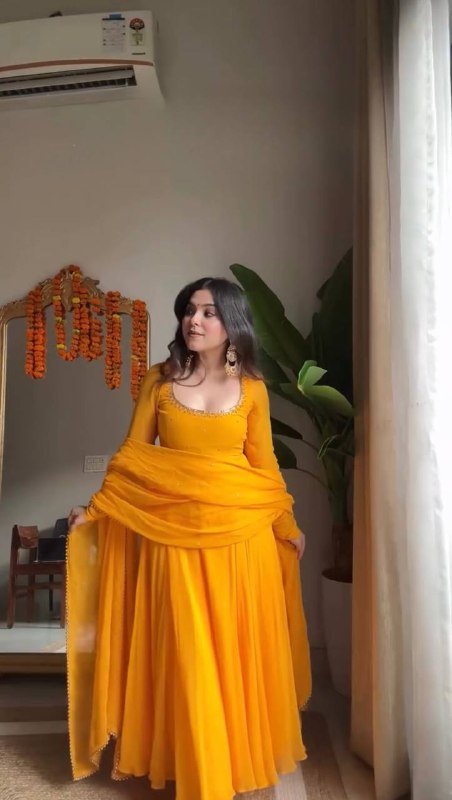 Mustard Yellow Full-Sleeve Anarkali Gown with Embroidered Neckline