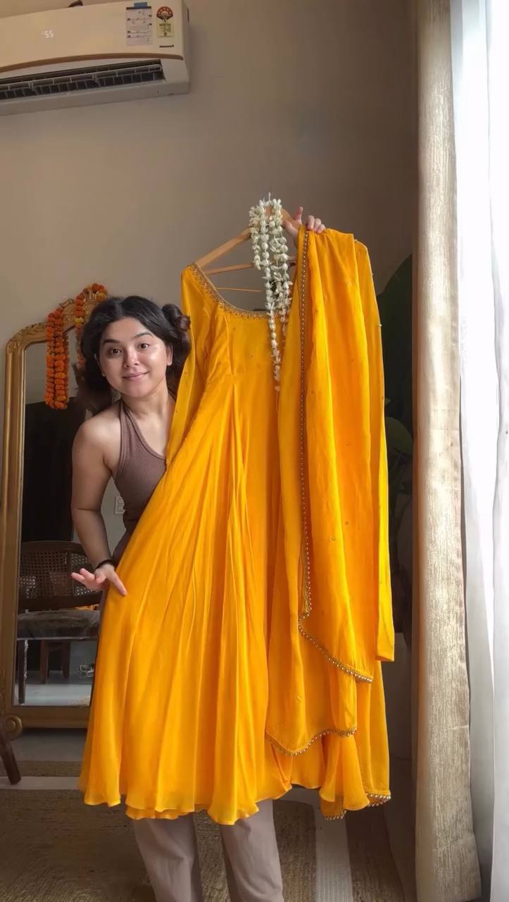 Mustard Yellow Full-Sleeve Anarkali Gown with Embroidered Neckline