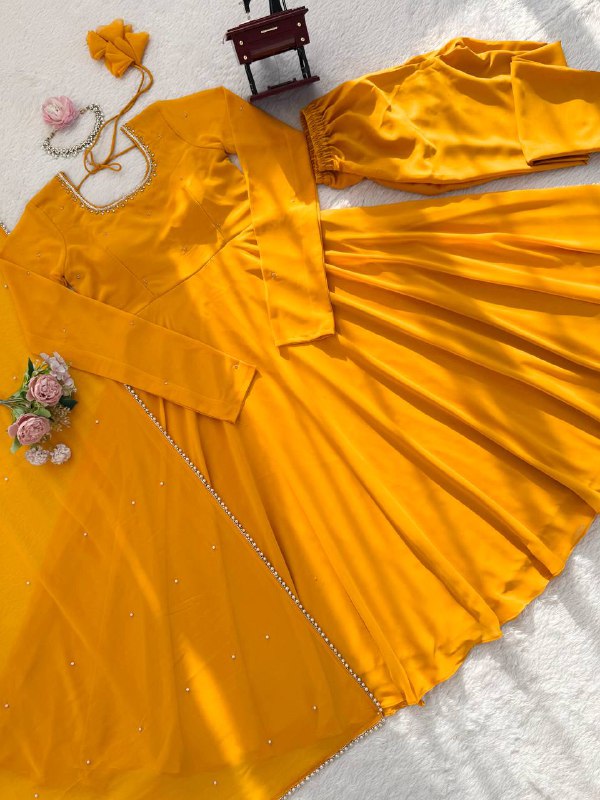 Mustard Yellow Full-Sleeve Anarkali Gown with Embroidered Neckline