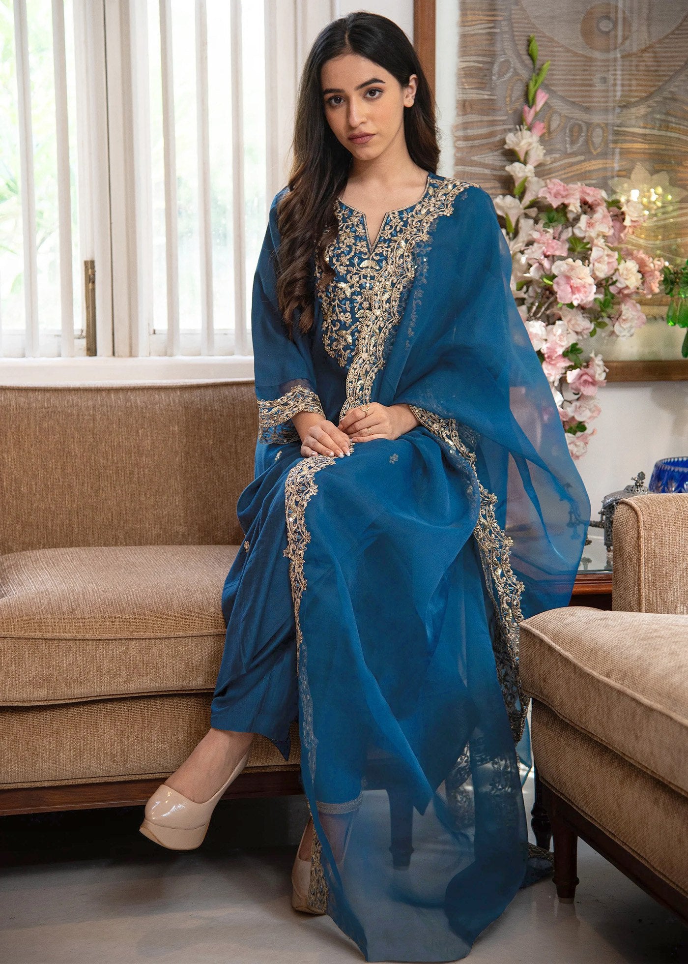 Heavy Gold Embroidered Neck Teal Blue Silk Blend Salwar Suit