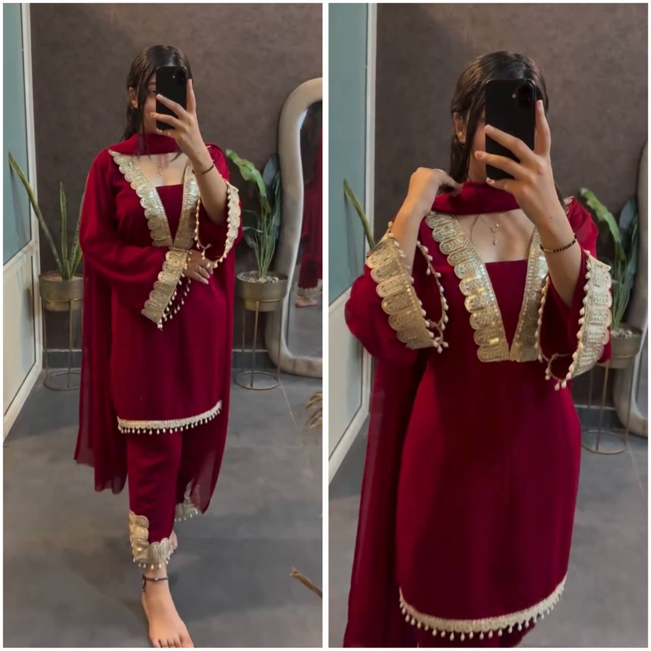 Luxurious Maroon Co-ord Set with Vintage Golden Trim
