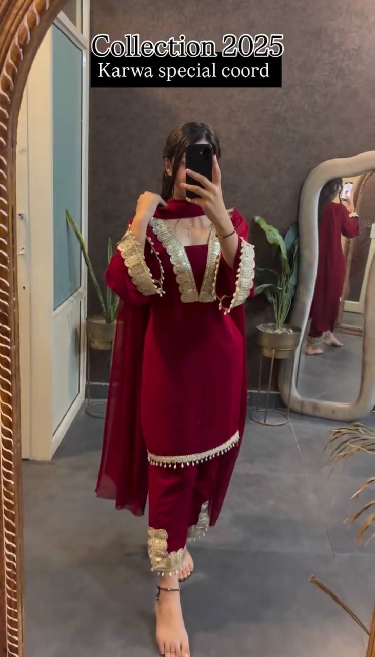 Luxurious Maroon Co-ord Set with Vintage Golden Trim