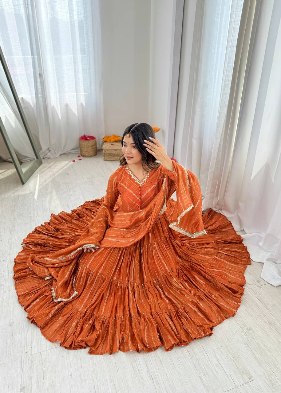 Vibrant Orange Leheriya Tiered Anarkali Gown with Dupatt