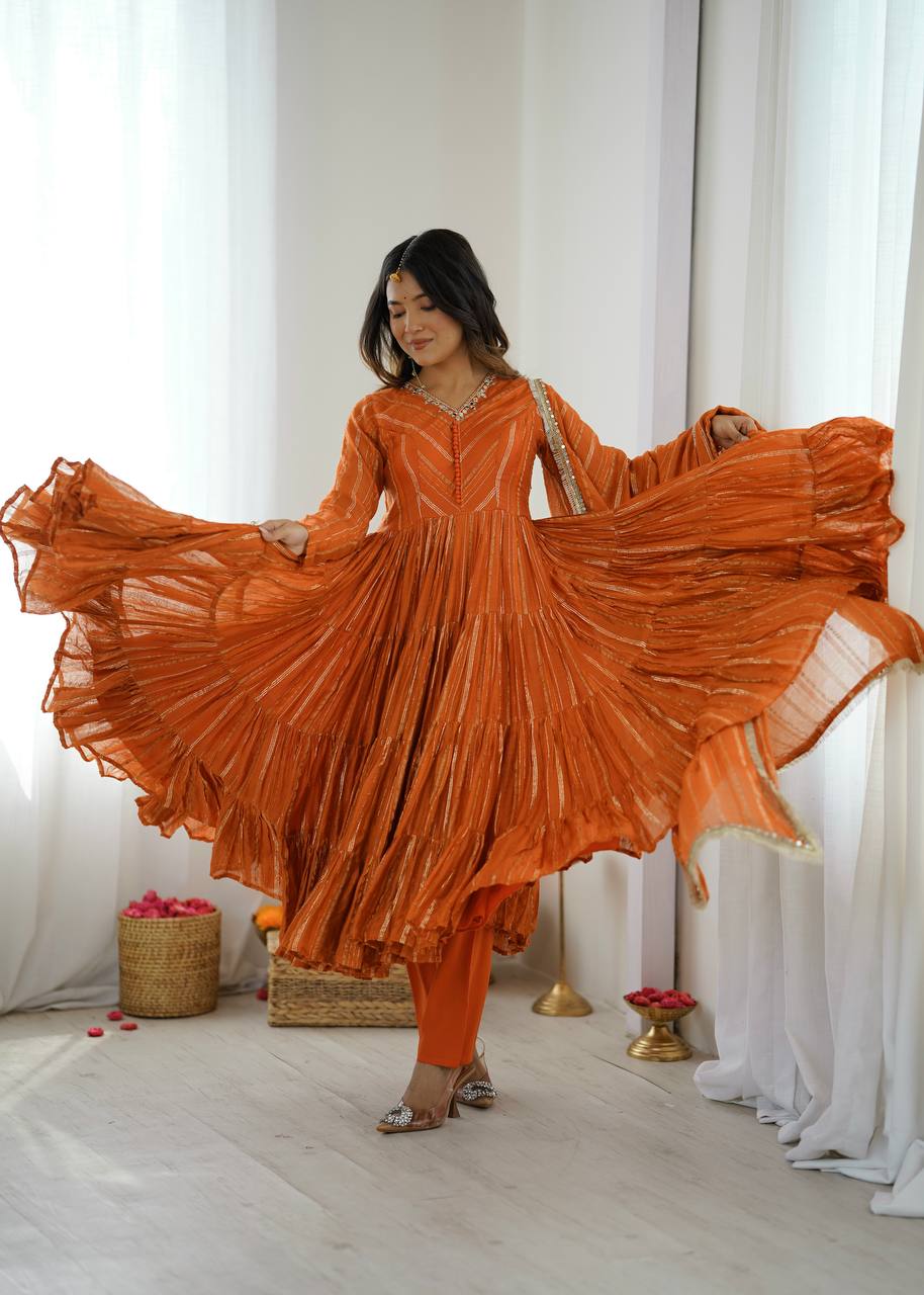 Vibrant Orange Leheriya Tiered Anarkali Gown with Dupatt