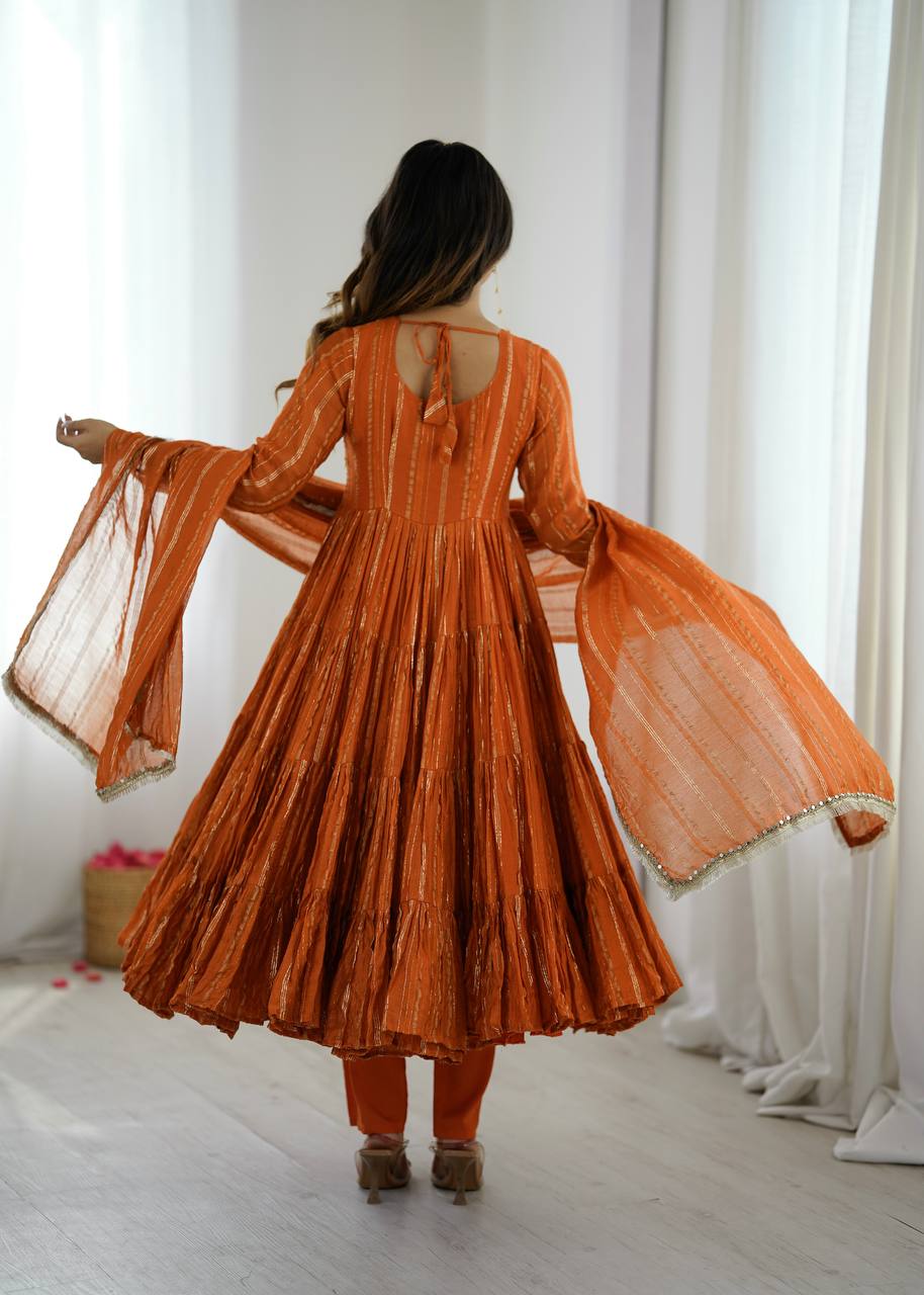 Vibrant Orange Leheriya Tiered Anarkali Gown with Dupatt