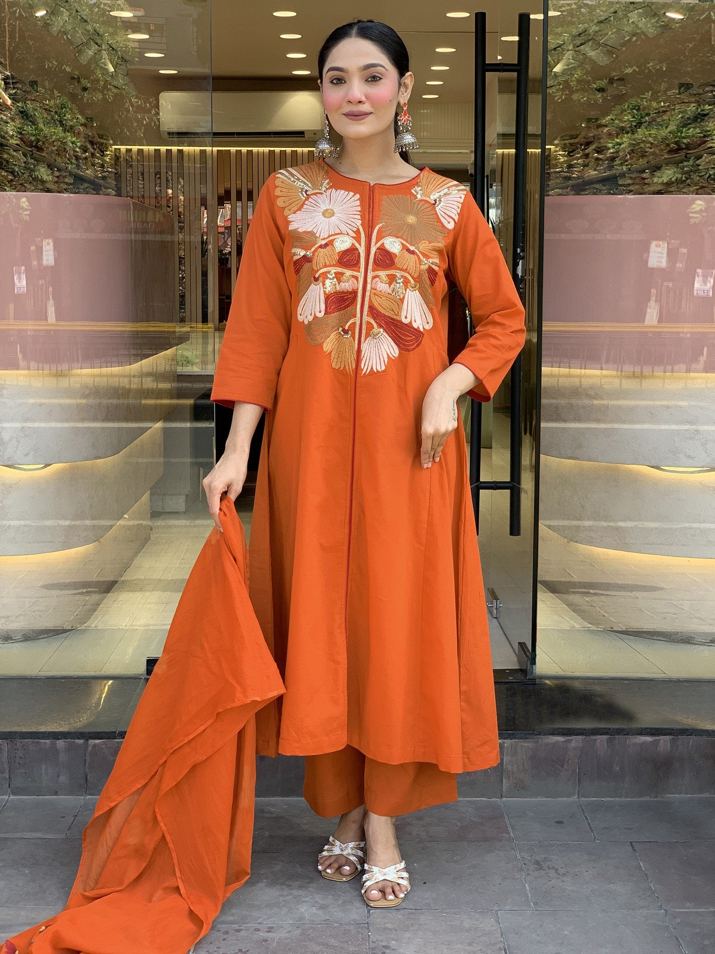 Elegant Floral Embroidered Yoke Kurta Set in Deep Orange