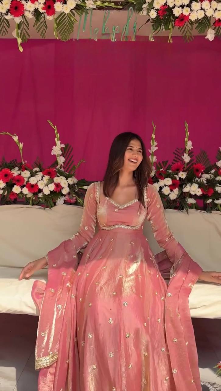 Luxurious Dusty Pink Anarkali Suit with Zari Work