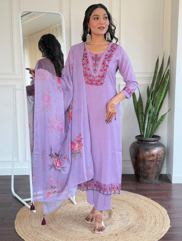 Lavender Embroidered Kurta Set with Floral Dupatta