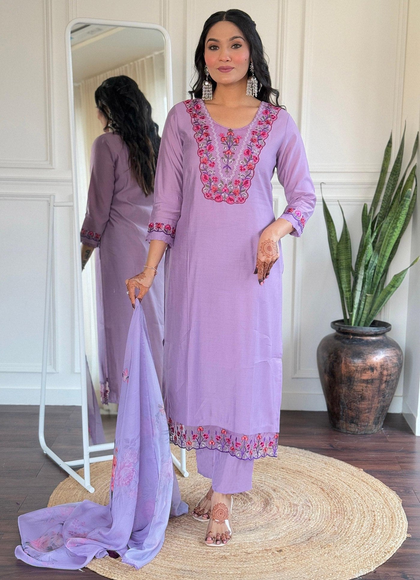 Lavender Embroidered Kurta Set with Floral Dupatta