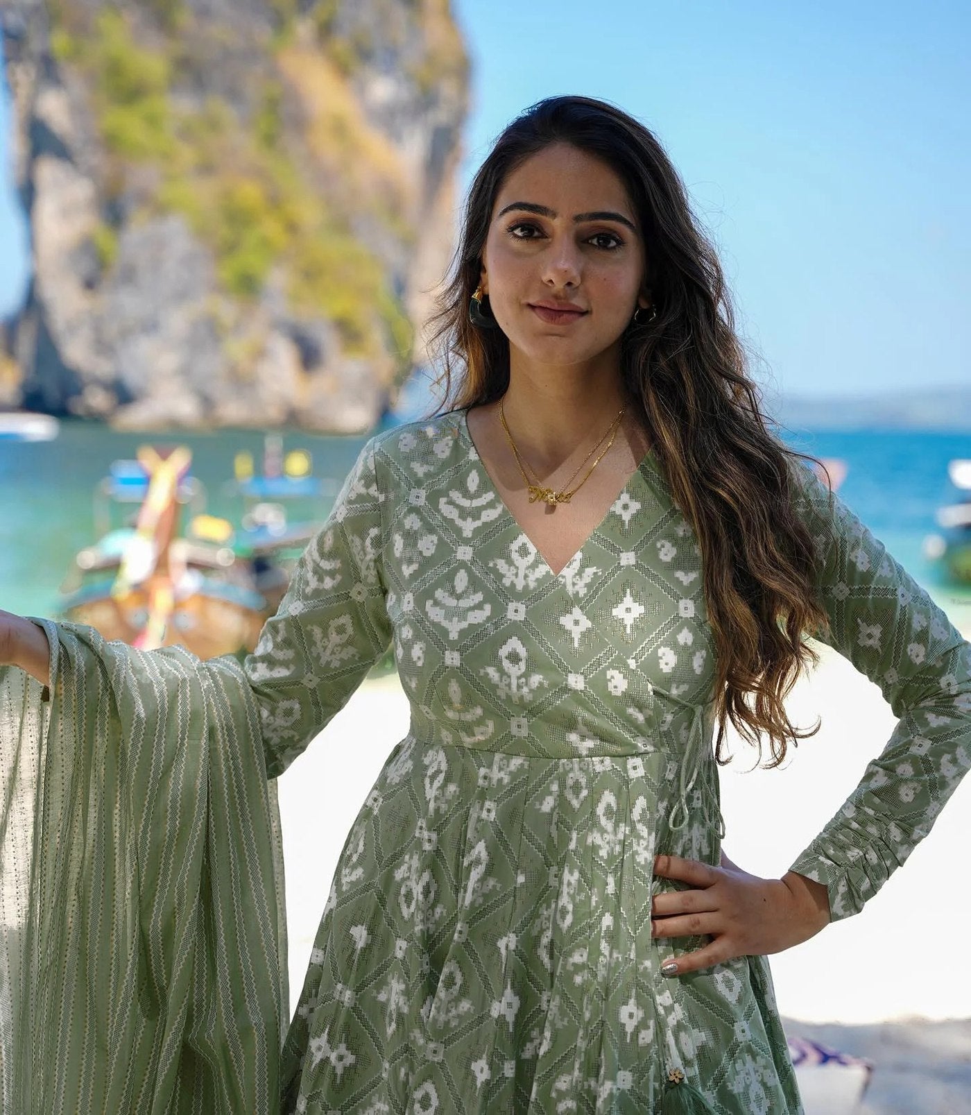 Women's Green Printed Rayon/Cotton Anarkali with Palazzo and Dupatta