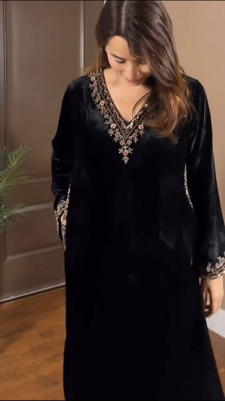 Luxury Black Velvet V-Neck Tunic with Embroidered Bottoms