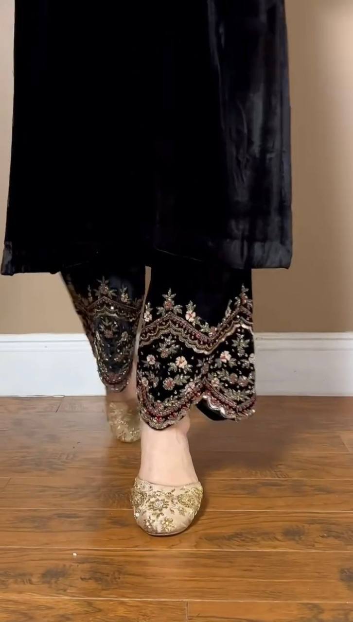 Luxury Black Velvet V-Neck Tunic with Embroidered Bottoms