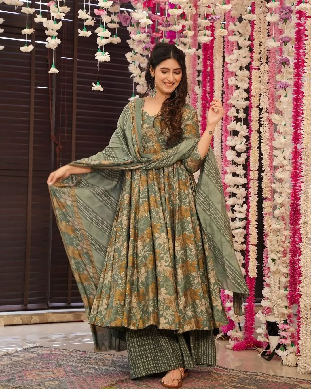 Elegant Green Muslin Floral Print Anarkali Sharara Suit