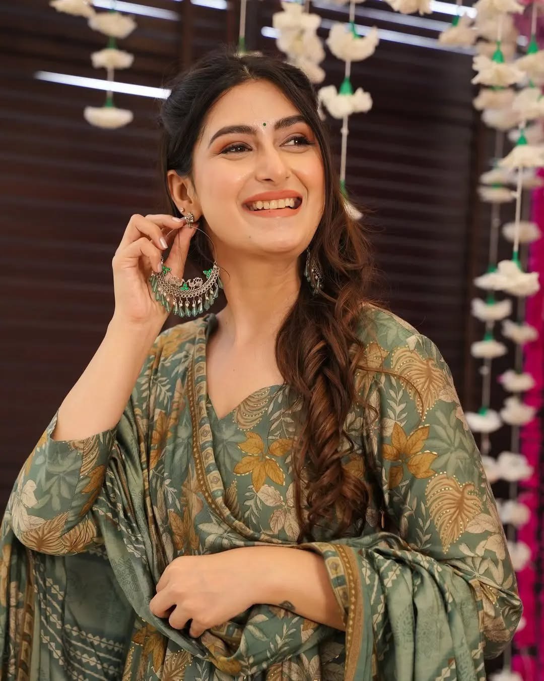 Elegant Green Muslin Floral Print Anarkali Sharara Suit