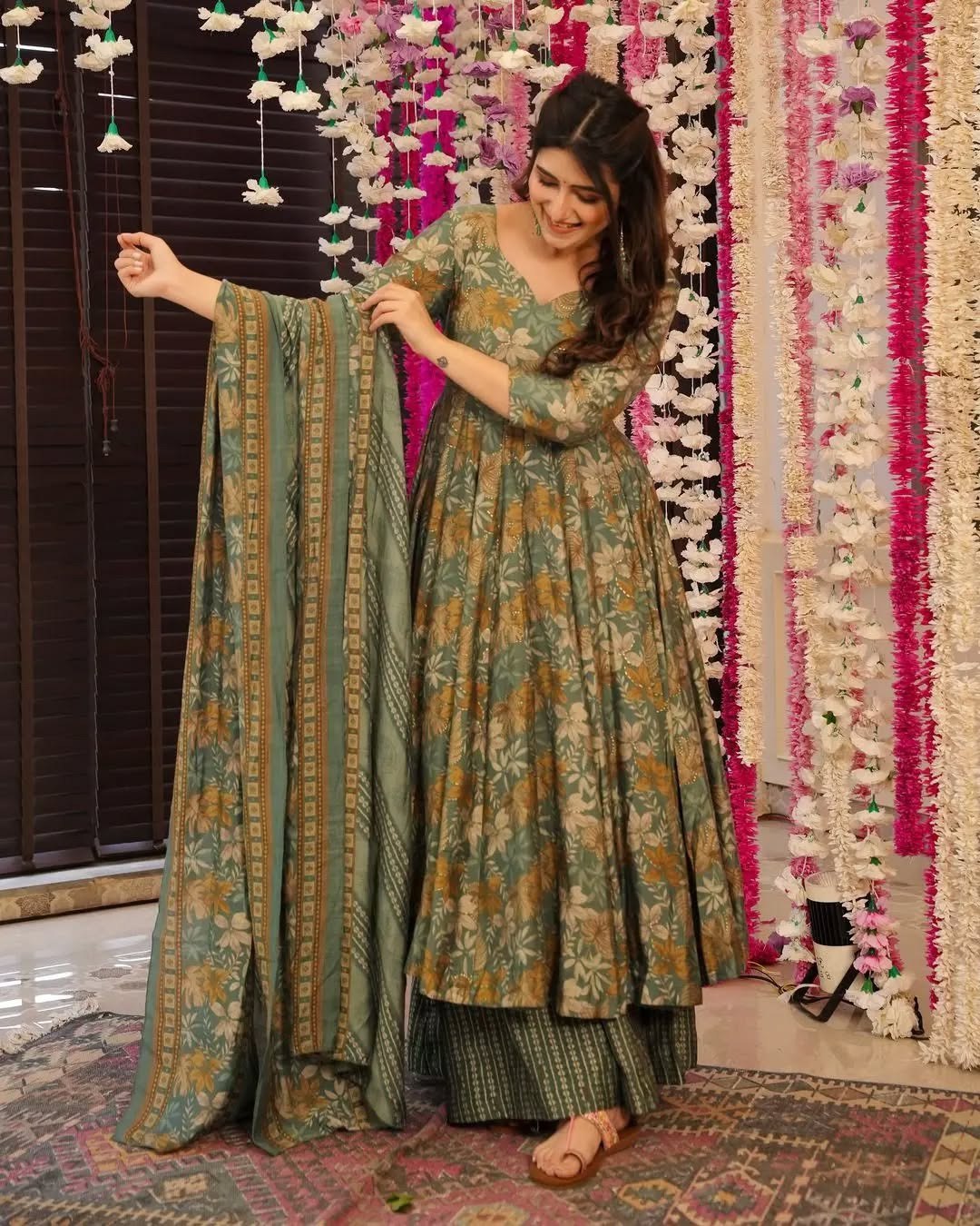 Elegant Green Muslin Floral Print Anarkali Sharara Suit