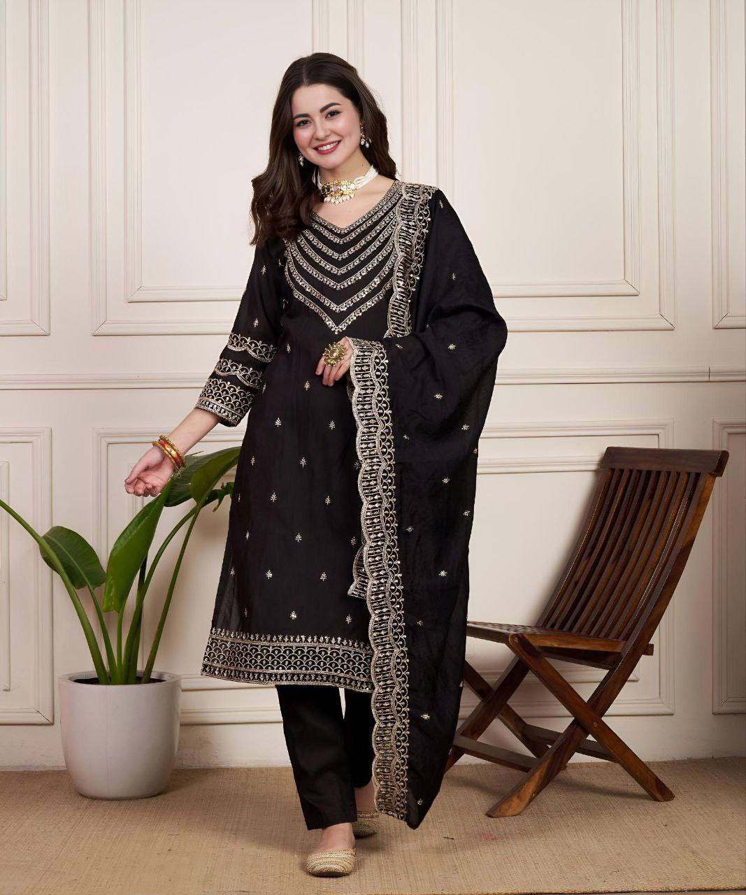 Ethnic V-Neck Chanderi Silk Kurta Set with Matching Dupatta