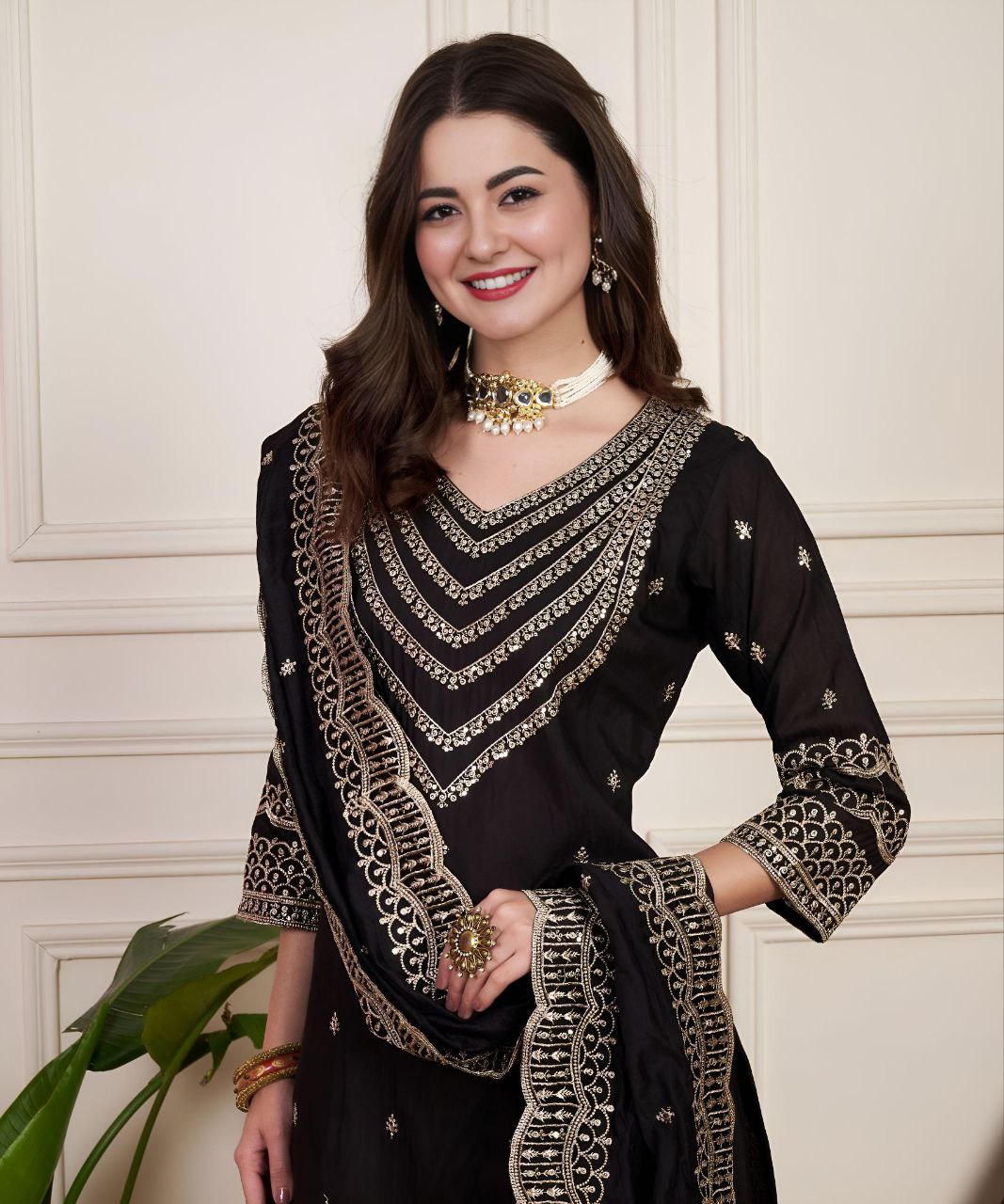 Ethnic V-Neck Chanderi Silk Kurta Set with Matching Dupatta