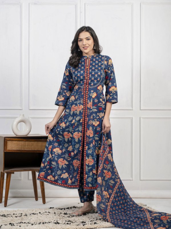 Ethnic Floral Printed Cotton Kurta, Pant, and Dupatta Set
