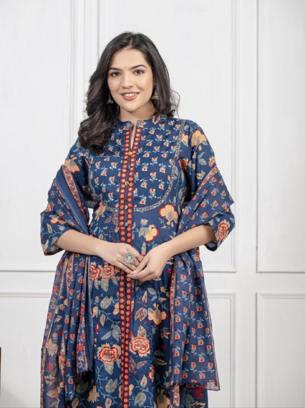 Ethnic Floral Printed Cotton Kurta, Pant, and Dupatta Set