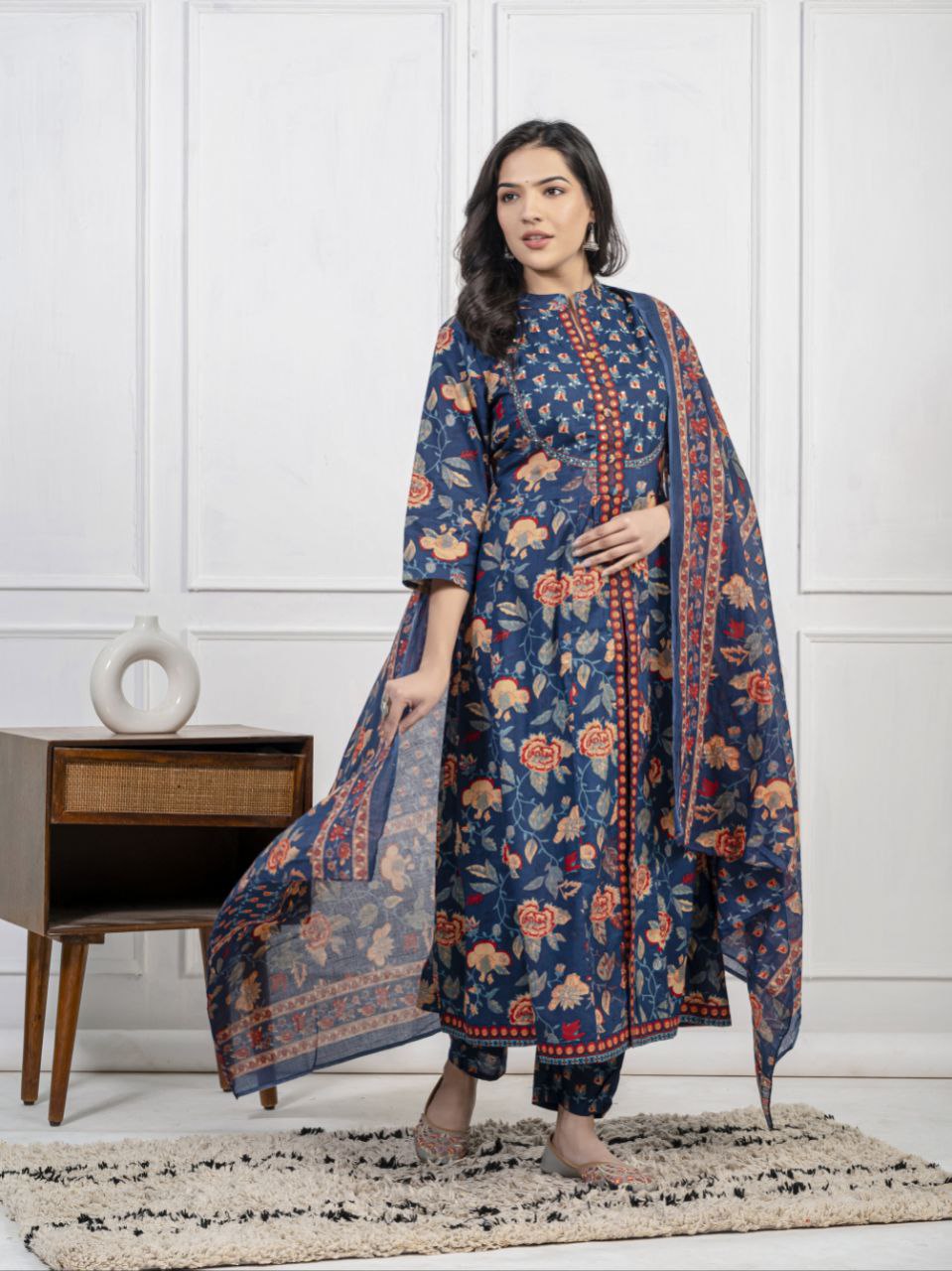 Ethnic Floral Printed Cotton Kurta, Pant, and Dupatta Set