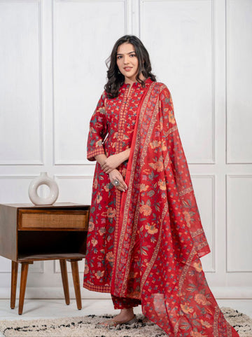 Ethnic Floral Printed Cotton Kurta, Pant, and Dupatta Set