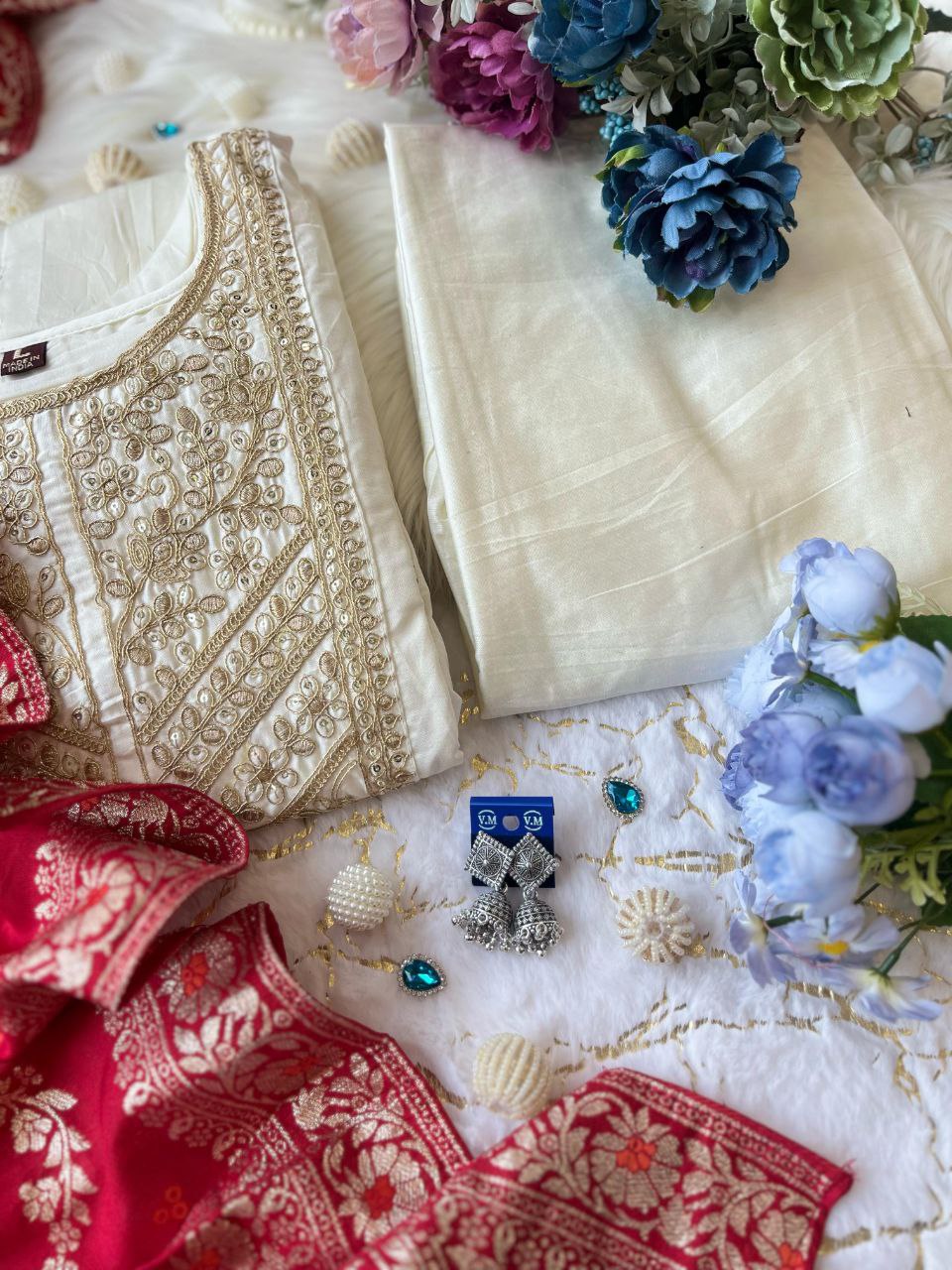 Party Wear Silk Anarkali Dress with Intricate Gold Zari & Mirror Work | Readymade Indian Salwar Kameez