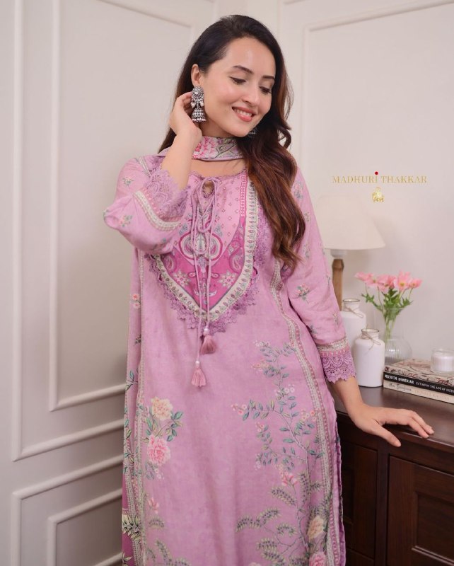 Lavender Floral Print and Embroidered Kurta Set with Dupatta