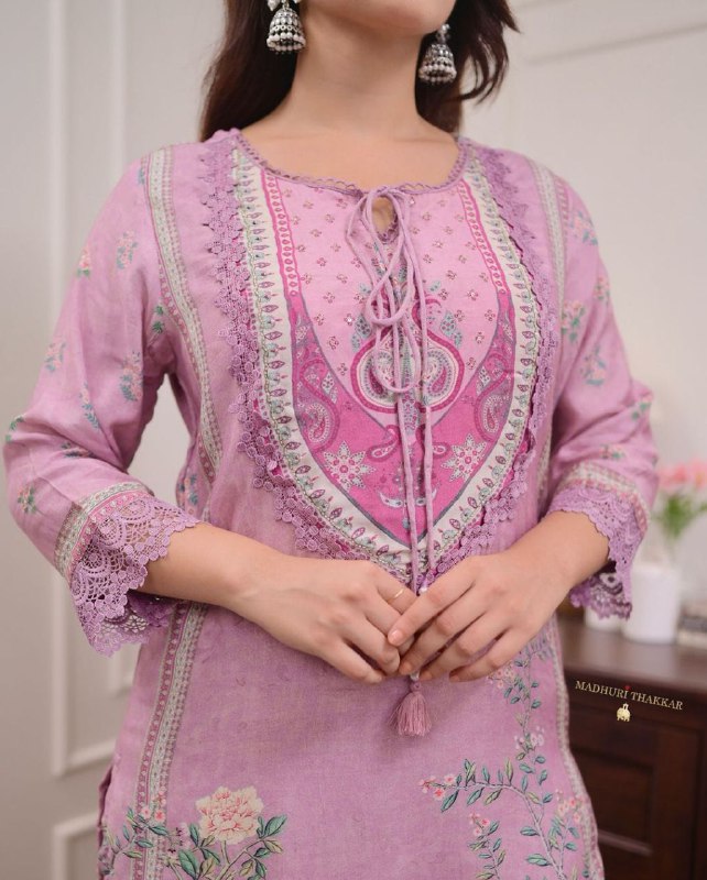 Lavender Floral Print and Embroidered Kurta Set with Dupatta