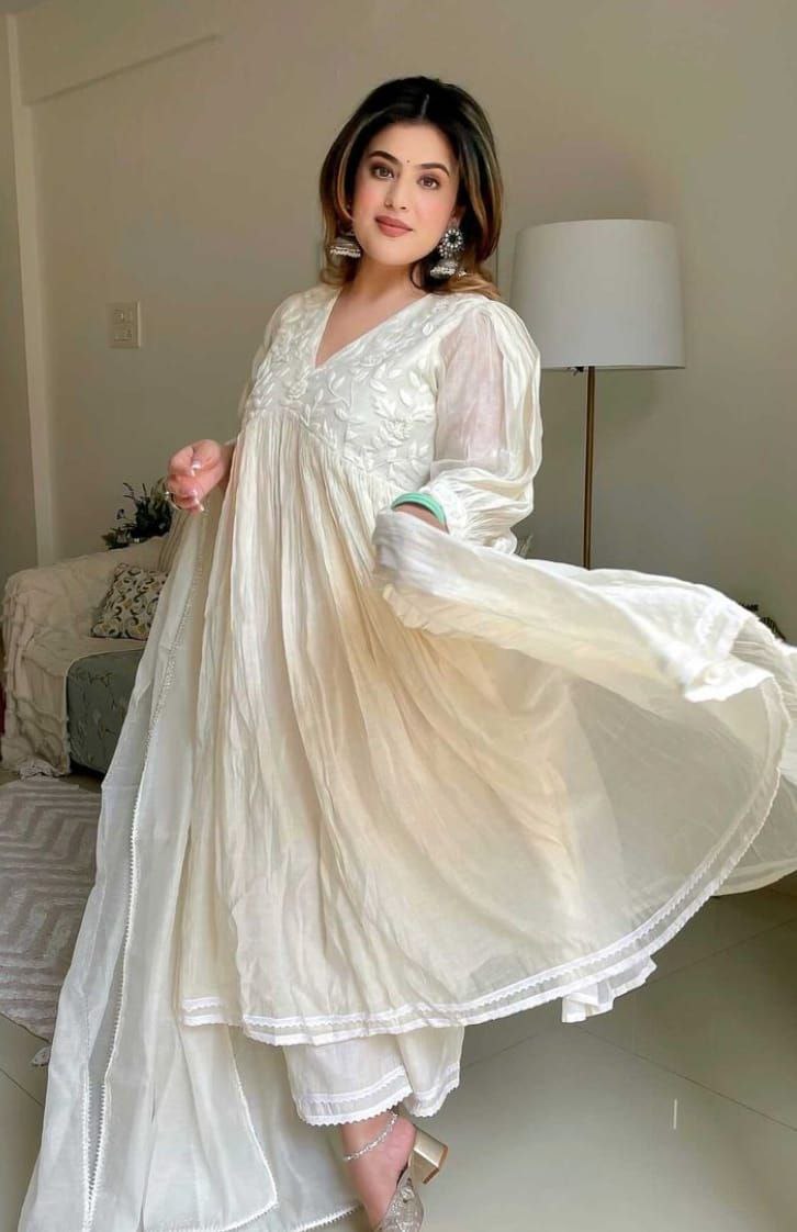 Focus on Style: Flowy White V-Neck Anarkali Dress