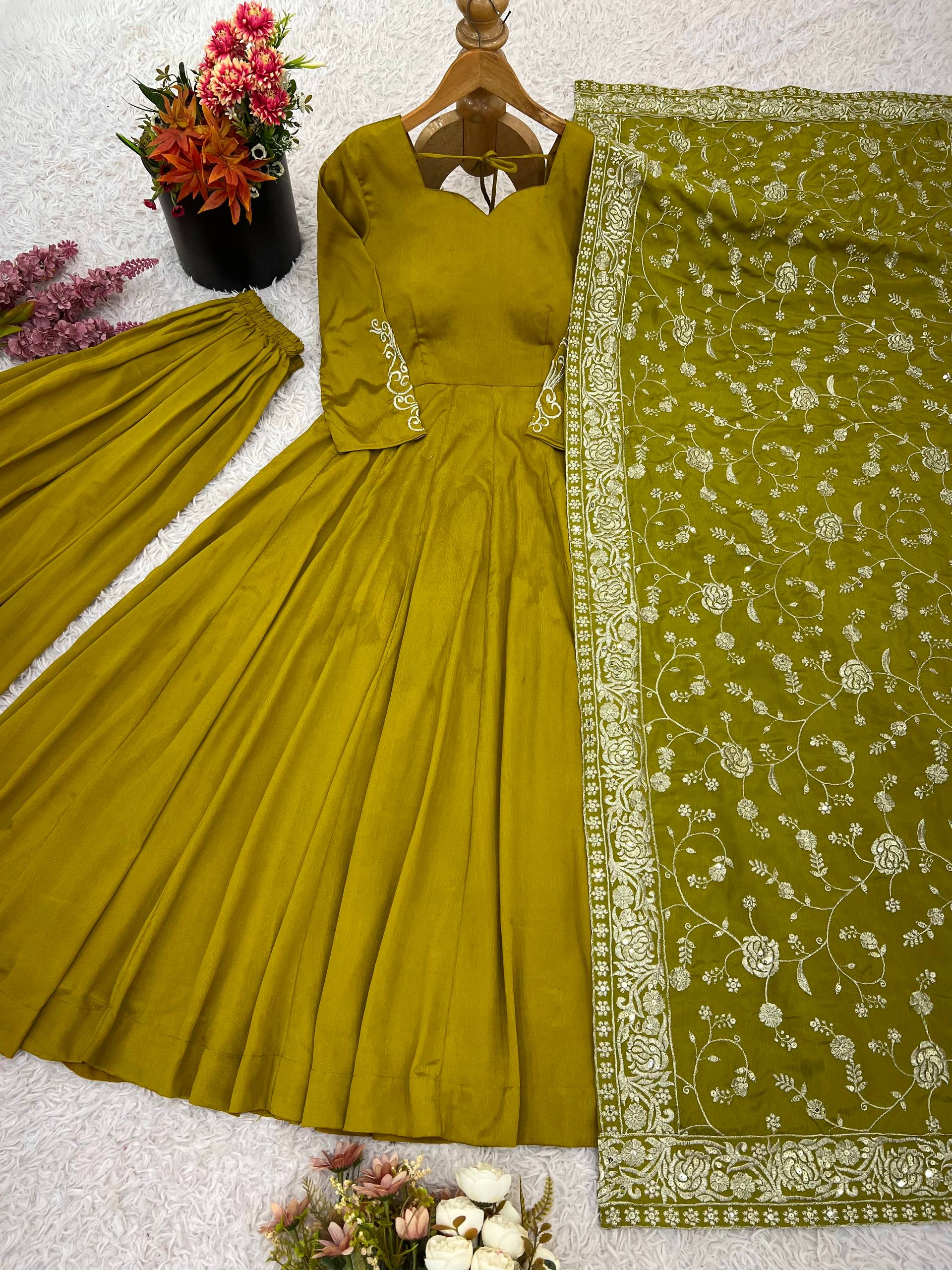 Mustard/Olive Green Tiered Anarkali Suit Set with Sharara and Heavy Dupatta