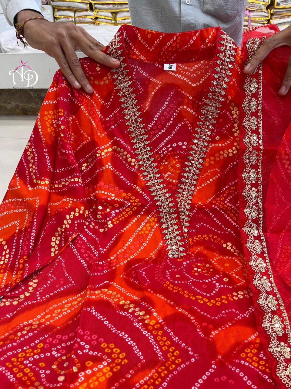 Stylish Red Bandhej Georgette Suit with Gold Lace Detailing