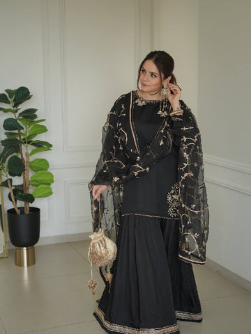Elegant Black and Gold Embroidered Sharara Set