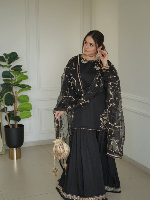 Elegant Black and Gold Embroidered Sharara Set
