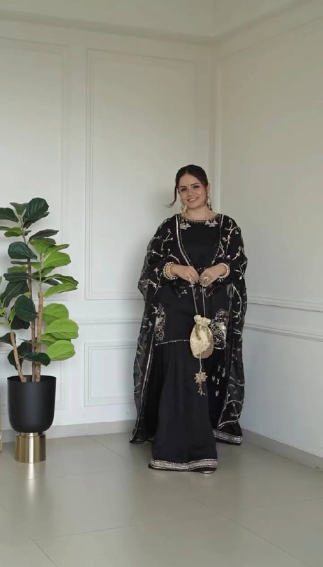 Elegant Black and Gold Embroidered Sharara Set