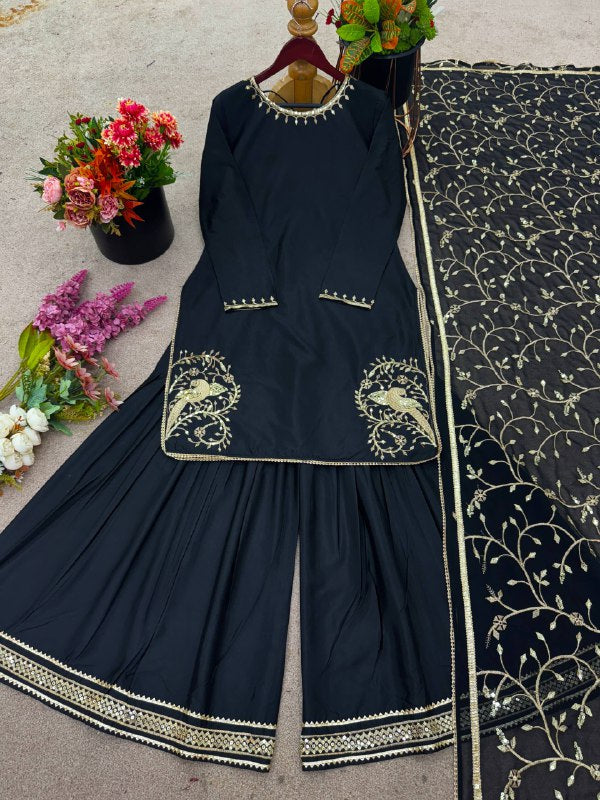 Elegant Black and Gold Embroidered Sharara Set