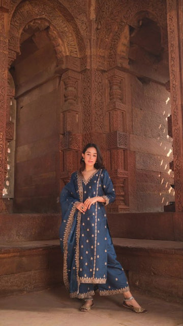 Hand-Embroidered Chanderi Silk Kurta Set