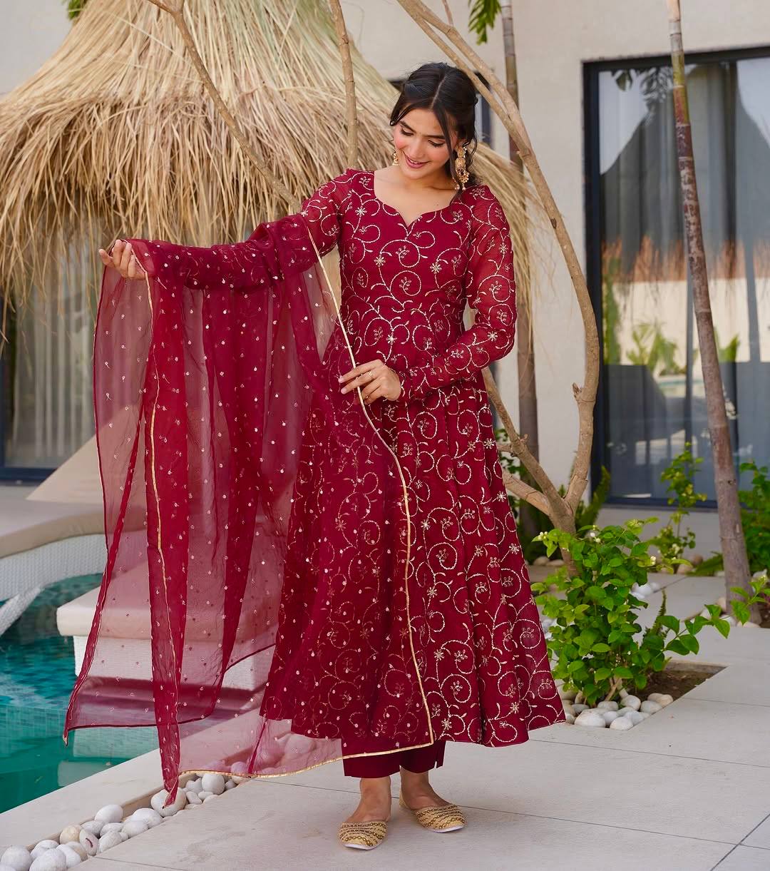 Deep Maroon Gold Foil Printed Anarkali Suit Set with Dupatta