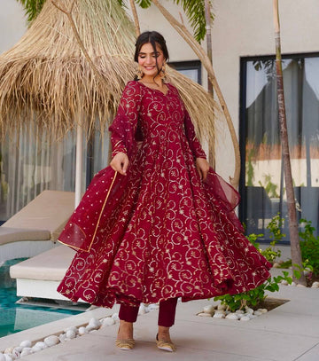 Deep Maroon Gold Foil Printed Anarkali Suit Set with Dupatta