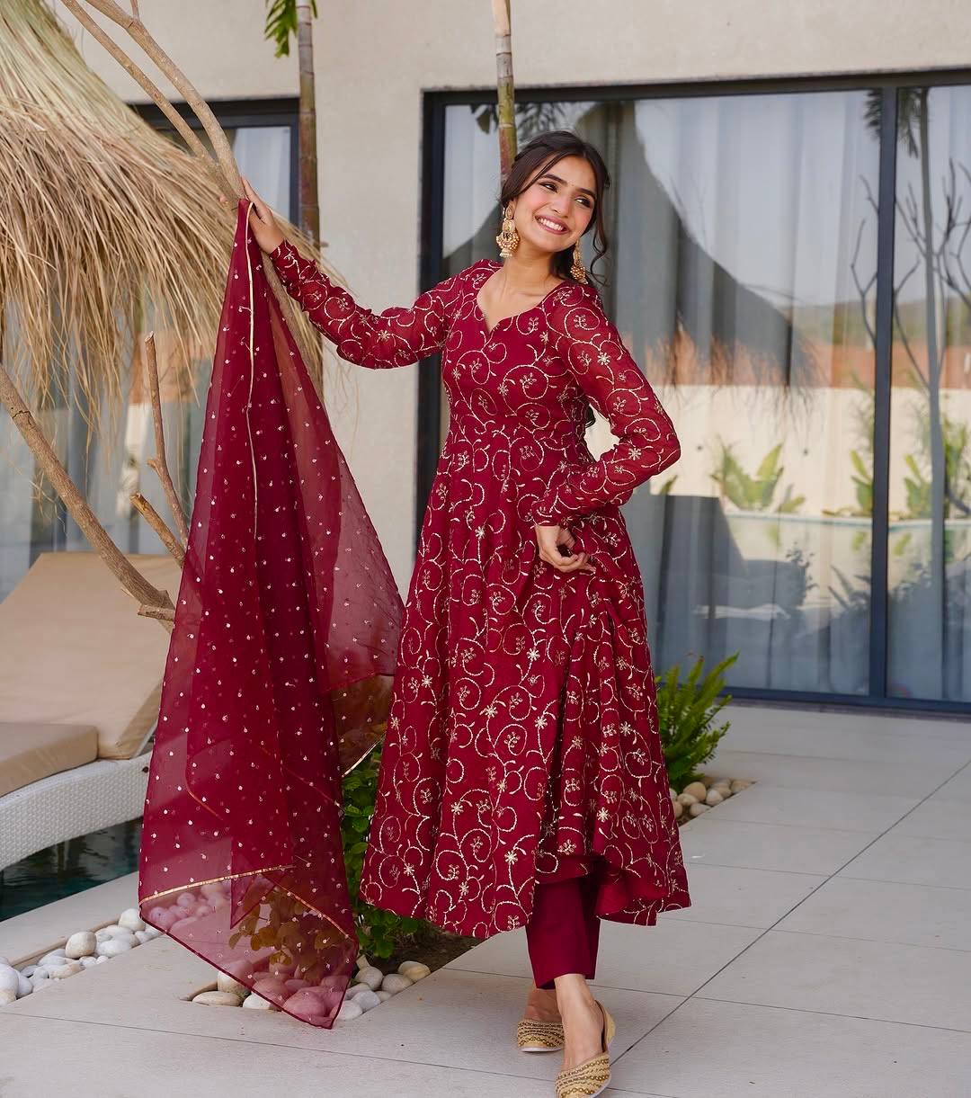 Deep Maroon Gold Foil Printed Anarkali Suit Set with Dupatta
