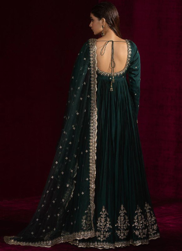 Full Sleeves Pleated Green Gown with Heavy Border Embroidery