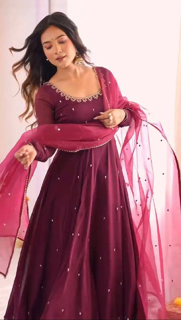 Embroidered Neck Full Sleeve Anarkali Suit in Deep Plum