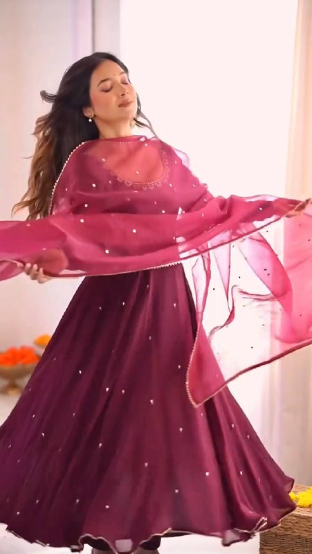 Embroidered Neck Full Sleeve Anarkali Suit in Deep Plum