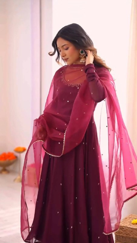 Embroidered Neck Full Sleeve Anarkali Suit in Deep Plum